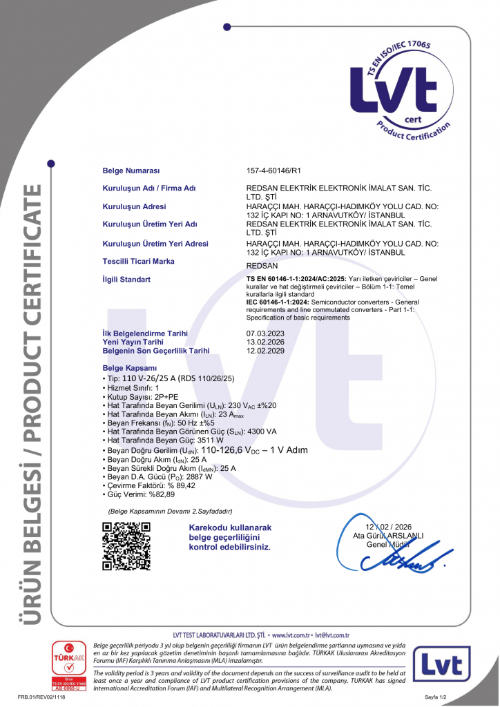 TS EN 60146-1-1 (110V-25A) ÜRÜN BELGESİ (TSE)