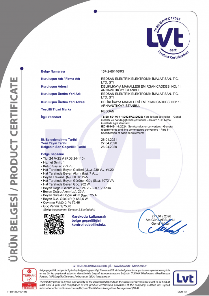 24V-25A ÜRÜN BELGESİ - TSE - 1